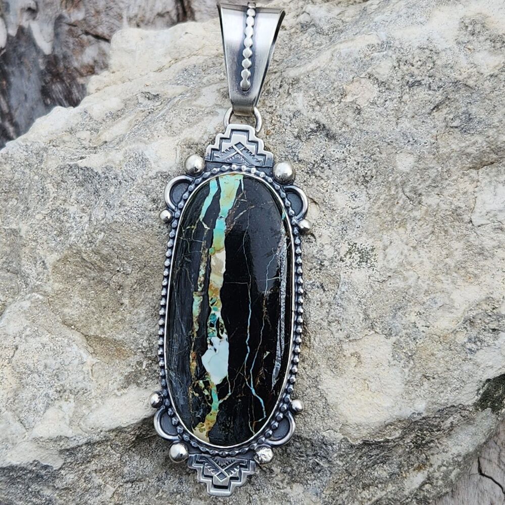 Blackjack Turquoise Navajo Mary Ellen signed handmade USA native pendant - Picture 4 of 9